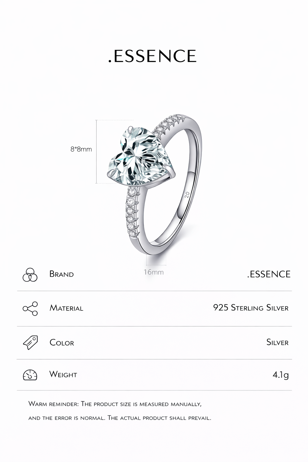 .ESSENCE Heart Crystal Silver Ring